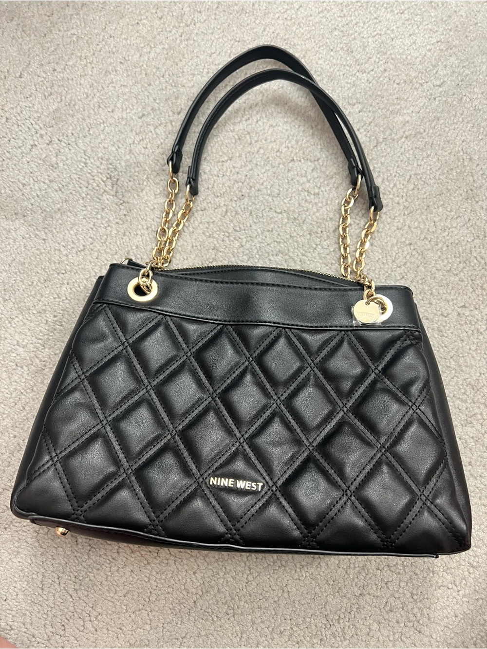 Nine West Black Quilted Shoulder Bag with Gold Chain Accents